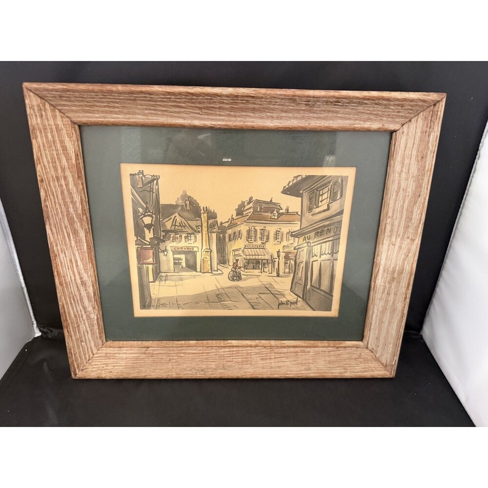 Vintage Paris Street Scene Art Print Signed John R Framed French 11x15